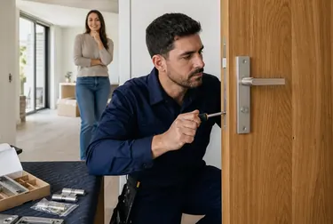 Chaveiro colocando uma fechadura em uma porta em Teófilo Otoni.