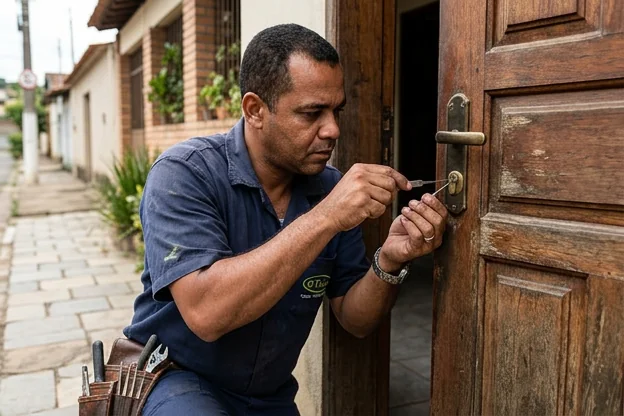Chaveiro demonstrando a abertura de uma porta com ferramentas em Teófilo Otoni.